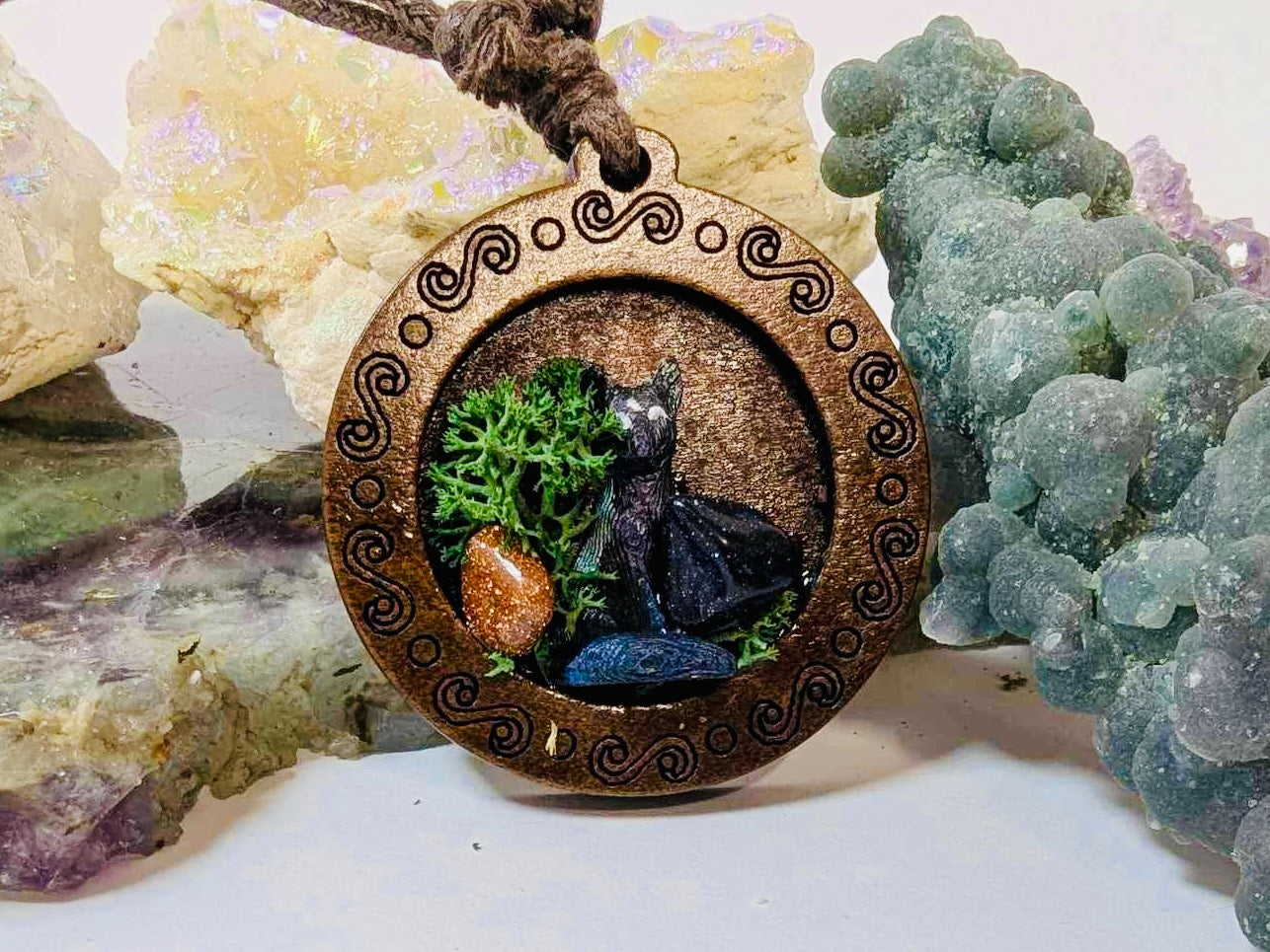 Wooden galaxy fox pendant cord necklace