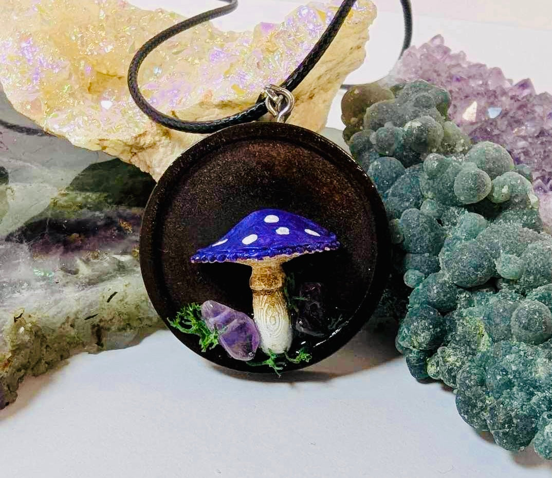 Wooden purple mushroom pendant cord necklace