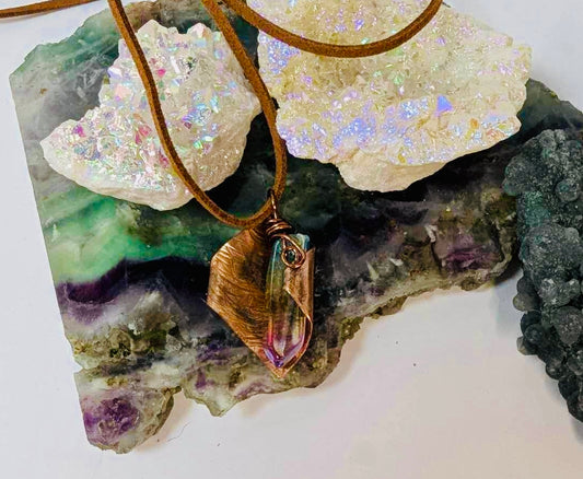 Recycled copper pendant With coloured quartz crystal