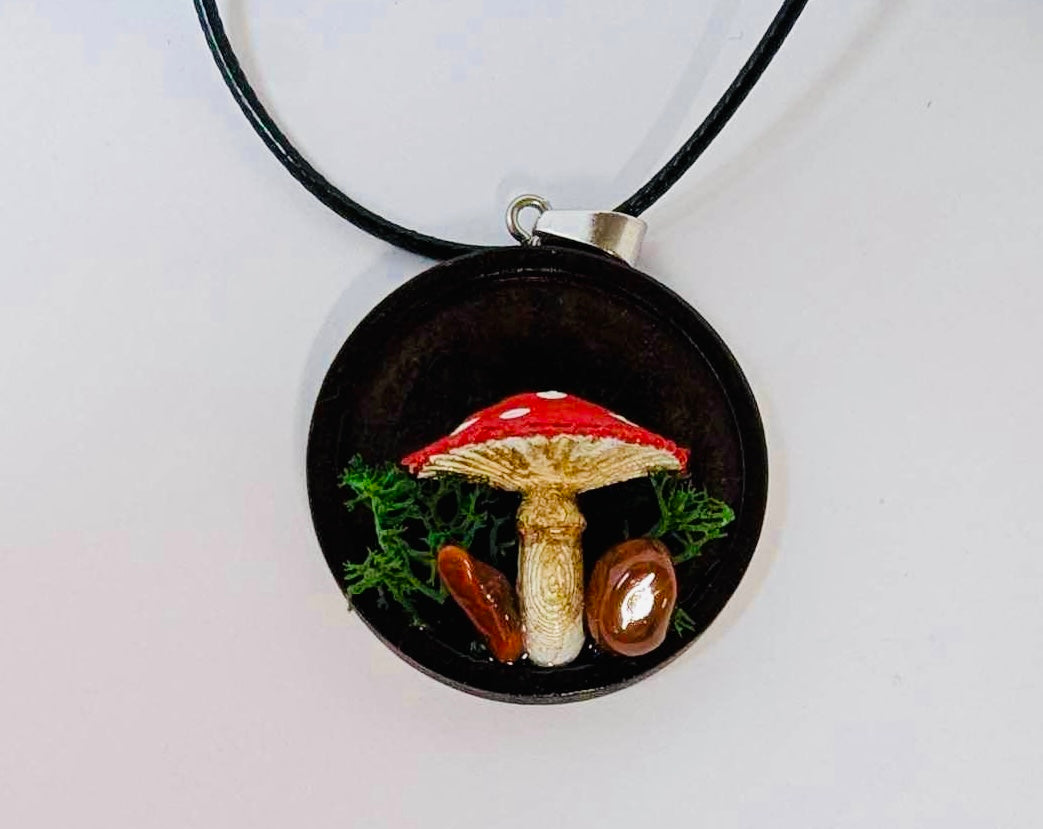 Wooden red mushroom pendant cord necklace