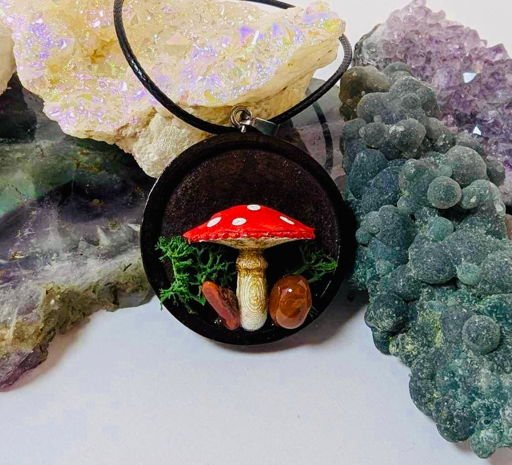 Wooden red mushroom pendant cord necklace