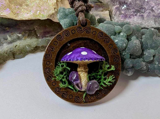 Wooden purple mushroom pendant cord necklace