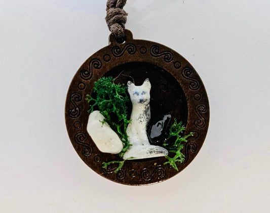 Wooden Arctic fox pendant cord necklace